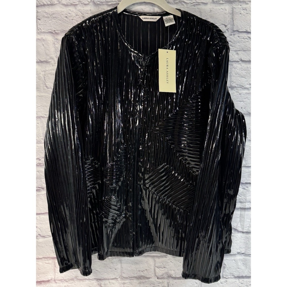 Laura Ashley Black Striped Faux Leather & Mesh Jacket Womens Large Zip Up 90s